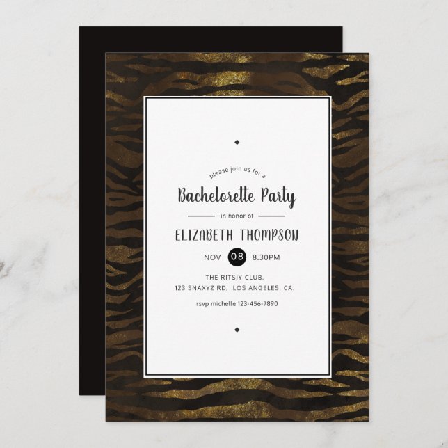 Gold Faux Glitter Jungle Tiger Bachelorette Party Invitation (Front/Back)