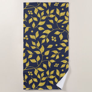 Gold Faux Glitter Leafs Pattern Beach Towel