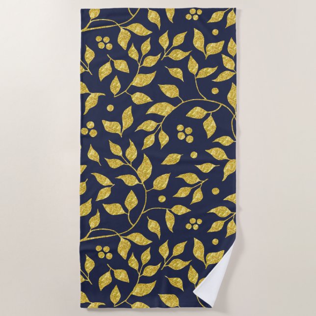 Gold Faux Glitter Leafs Pattern Beach Towel (Front)
