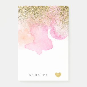 Gold Faux Glitter Pink Peach Watercolor Post-it Notes