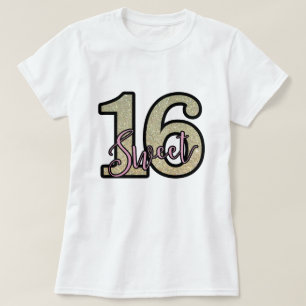 Gold Faux Glitter Print Sweet Sixteen 16 Birthday T-Shirt