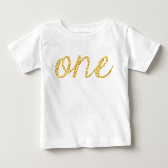 Gold Faux Glitter Script 1st Birthday Baby T-Shirt (Front)