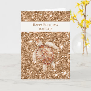 Gold Faux Glitter Sea Turtle Birthday Card
