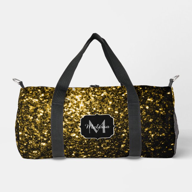 Gold faux glitter sparkles Monogram Duffle Bag (Front)