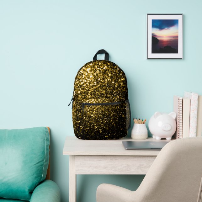 Gold faux glitter sparkles printed backpack (Insitu)