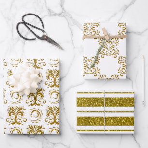 Gold Faux Glitter Stripes and Flourishes  Wrapping Paper Sheet