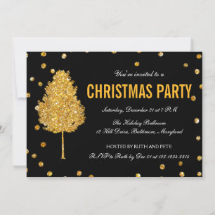 Gold Faux Glitter Tree Modern Christmas Party Invitation