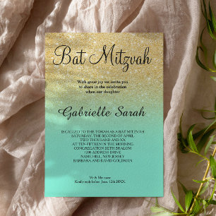 Gold faux glitter turquoise ombre Bat Mitzvah Invitation
