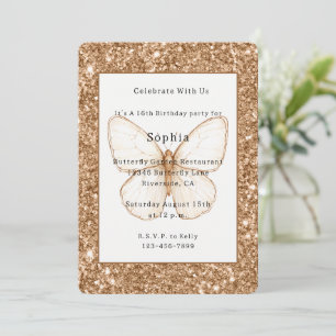 Gold Faux Glitter White Butterfly Birthday Invitation