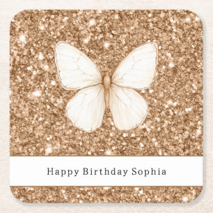 Gold Faux Glitter White Butterfly Birthday Square Paper Coaster