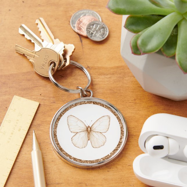 Gold Faux Glitter White Butterfly   Key Ring (Desk)