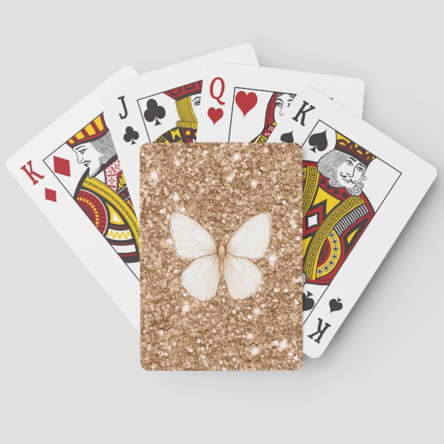 Gold Faux Glitter White Butterfly   Playing Cards (Back)