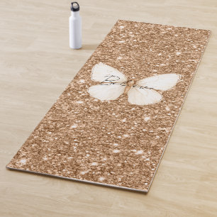 Gold Faux Glitter White Butterfly Yoga Mat
