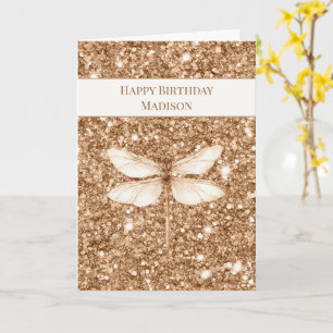 Gold Faux Glitter White Dragonfly Birthday Card