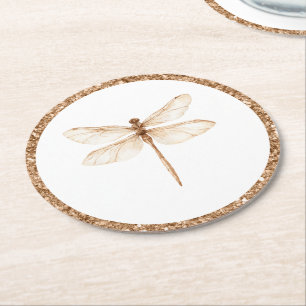 Gold Faux Glitter White Dragonfly Birthday Round Paper Coaster