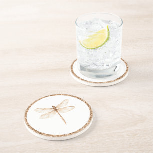 Gold Faux Glitter White Dragonfly   Coaster