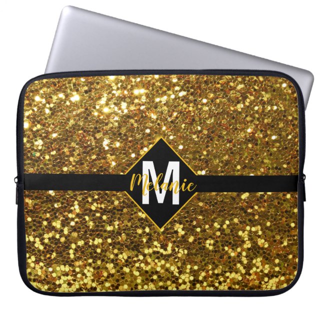 Gold Faux Glitter with Monogram Laptop Sleeve (Front)