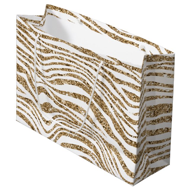 Gold Faux Glitter Zebra  Large Gift Bag (Front Angled)