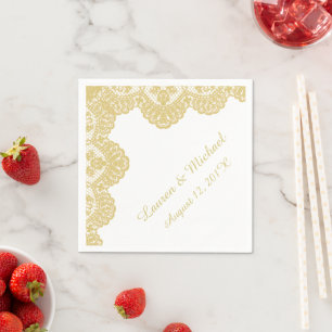 Gold Faux Lace on White Wedding Napkin