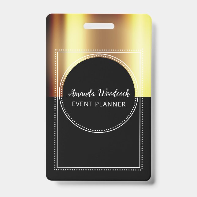 Gold Faux Metallic On Black Event Planner Name ID Badge (Front)