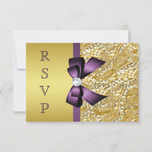 Gold Faux Sequin Diamonds Purple Bow RSVP Card