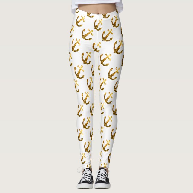 Gold faux sparkle Anchor summer pattern white Leggings (Front)