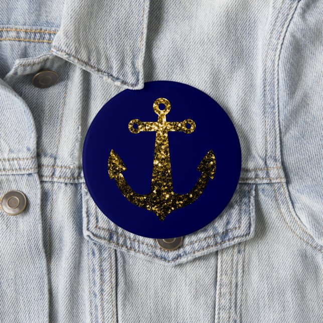Gold faux sparkle glitter Anchor navy blue 10 Cm Round Badge (In Situ)