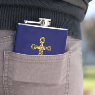 Gold faux sparkle glitter Anchor navy blue Hip Flask