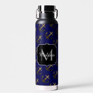 Gold faux sparkle glitter Anchor pattern Monogram Water Bottle
