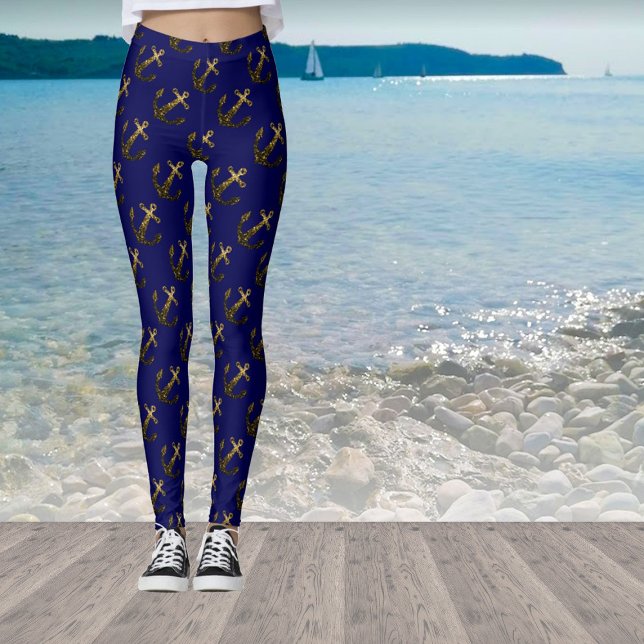 Gold faux sparkle glitter Anchor pattern navy blue Leggings (Stand out with our breathable sparkly anchor leggings in many different colors!)