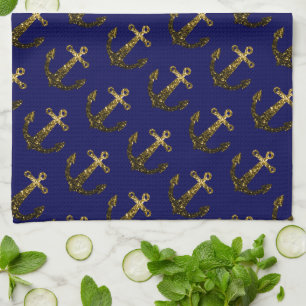 Gold faux sparkle glitter Anchor pattern navy blue Tea Towel