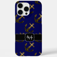 Gold faux sparkles Anchor pattern navy Monogram