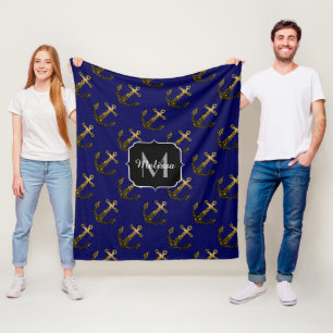 Gold faux sparkles Anchor pattern navy Monogram Fleece Blanket