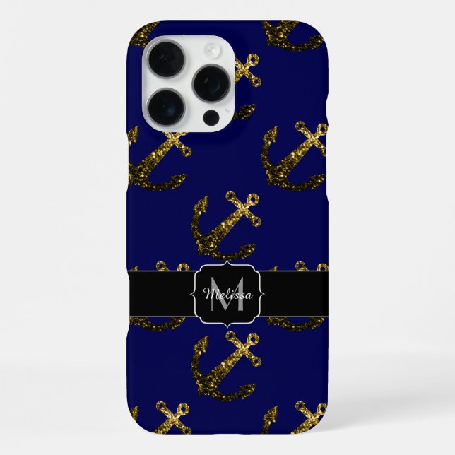 Gold faux sparkles Anchor pattern navy Monogram iPhone Case (Back)