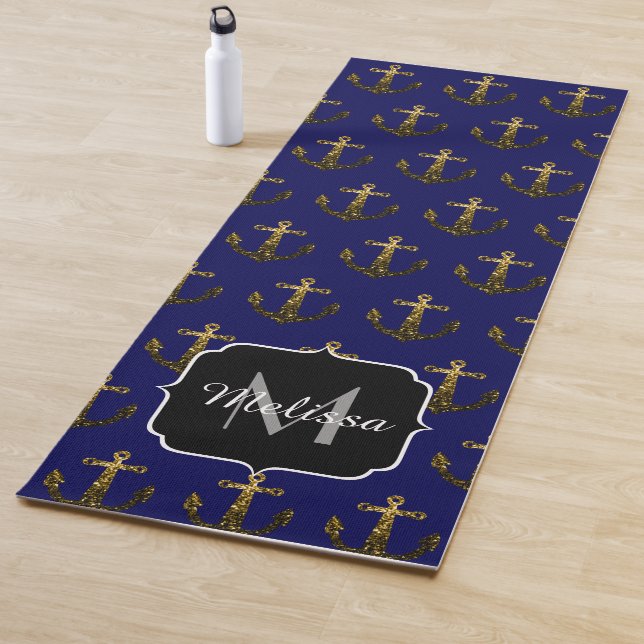 Gold faux sparkles Anchor pattern navy Monogram Yoga Mat (In Situ)