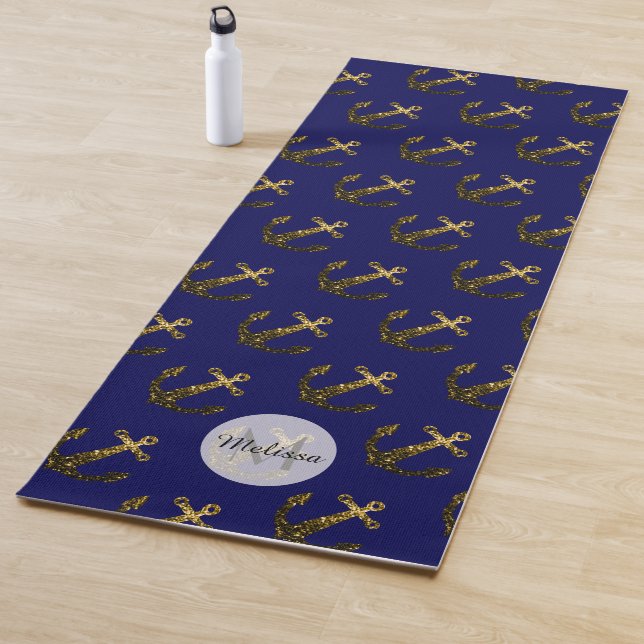 Gold faux sparkles Anchor pattern navy Monogram Yoga Mat (In Situ)