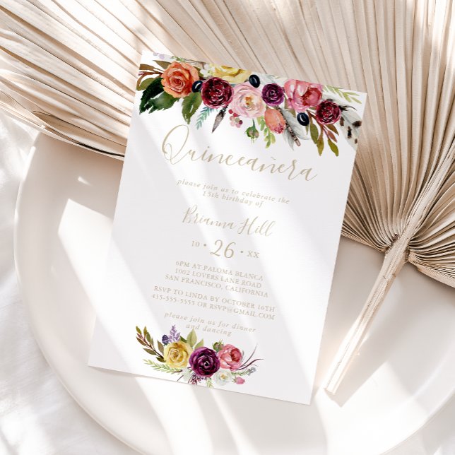 Gold Feather Boho Tropical Floral Quinceañera  Invitation (Creator Uploaded)