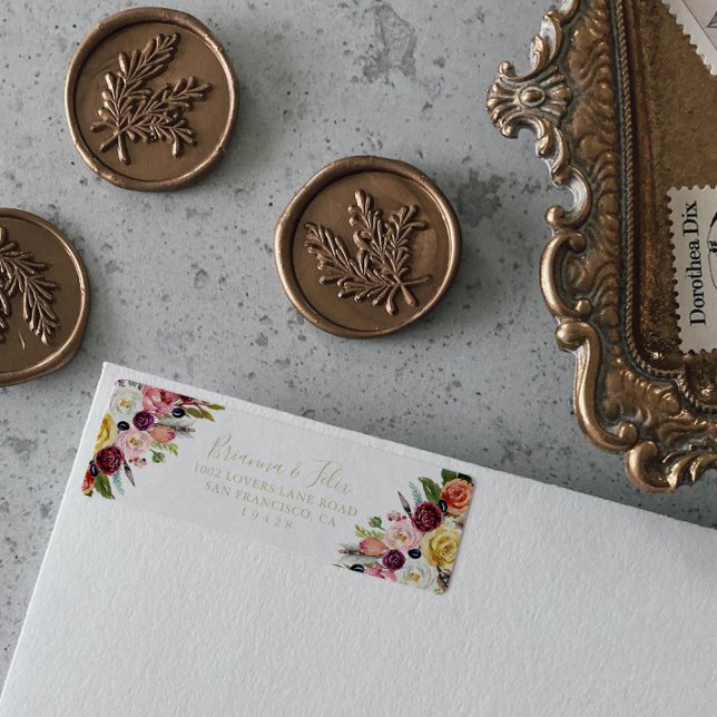 Gold Feather Boho Tropical Floral Return Address Label (Creator Uploaded)