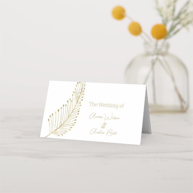 Gold Feather Leaf  Name Place Card (Front)