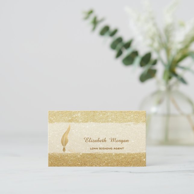 Gold Feather Notary Gold Glitter Business Card (Standing Front)