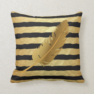 Gold Feather on Gold Foil and Black Stripes Cushion