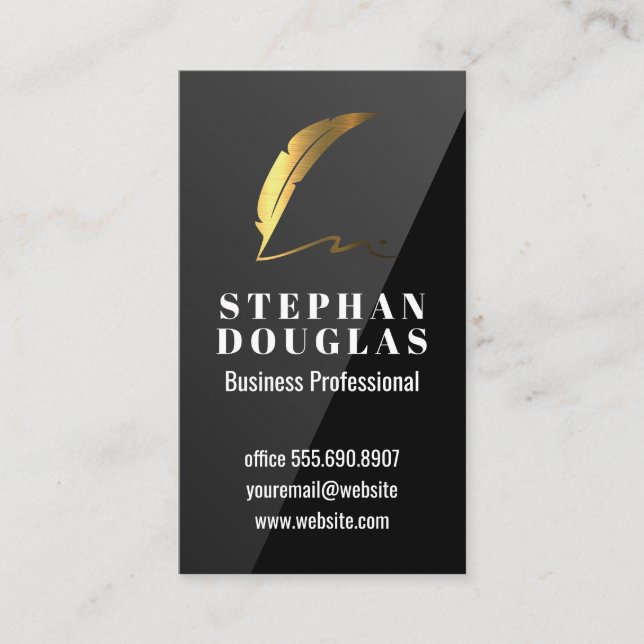 Gold Feather Pen Logo | Black Gloss Business Card (Front)