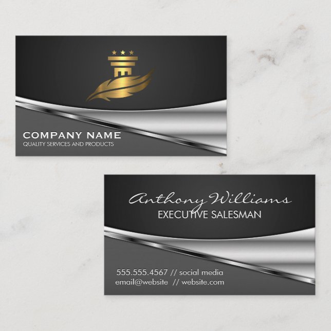Gold Feather Pillar Logo | Metallic Business Card (Front/Back)