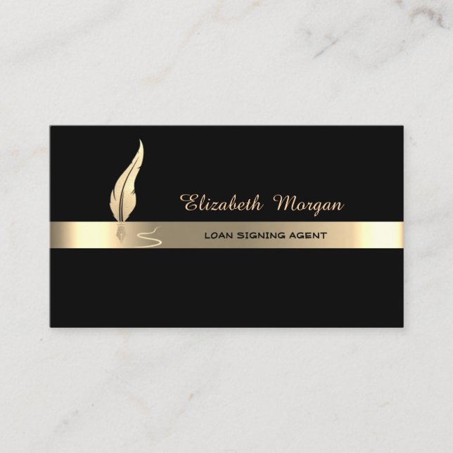 Gold Feather Stripe Black Notary Business Card (Front)