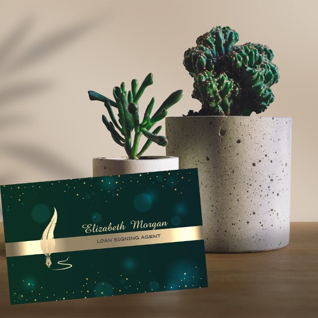Gold Feather Stripe Champagne Notary Green Business Card (Creator Uploaded)