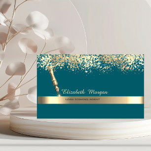 Gold Feather Stripe Confetti Notary Green Business Card