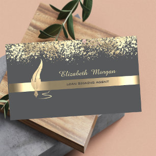 Gold Feather Stripe Grey Notary Business Card