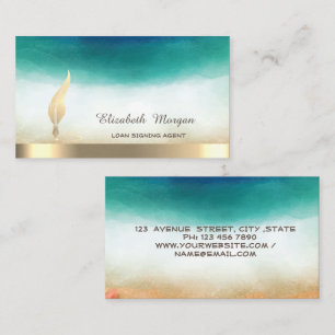 Gold Feather Stripe Watercolor Green Notary Business Card