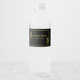 Gold feathers and border black water bottle label