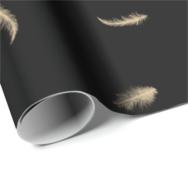 Gold Feathers On Black Wrapping Paper (Roll Corner)